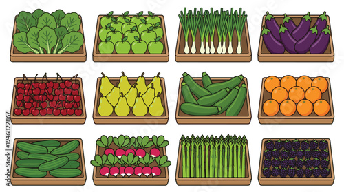 Vibrant vector illustration of fresh fruits and vegetables in wooden crates. Perfect for healthy eating, grocery stores, farm markets, and recipe designs.
