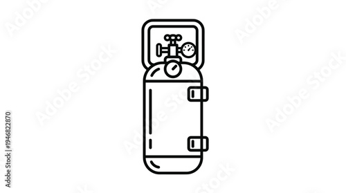 A simple black outline vector icon showing a gas cylinder, complete with a pressure gauge and valve, perfect for safety, medical, or industrial designs.