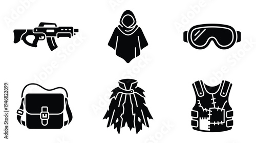 Black silhouette icons of post-apocalyptic survival gear: rifle, goggles, vest, cloaks, and bag. Ideal for game UI, web design, and dystopian themes.