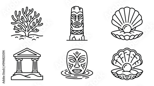 A collection of black outline vector icons featuring travel and cultural elements: coral, tiki, pearl, temple, tribal mask. Ideal for apps, websites, and tourism projects.
