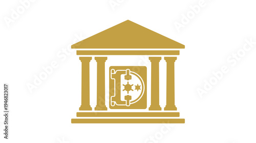 Gold vector icon of a bank building featuring a vault door, representing financial security, robust protection, and wealth management. Perfect for banking, investment, and insurance apps or websites.