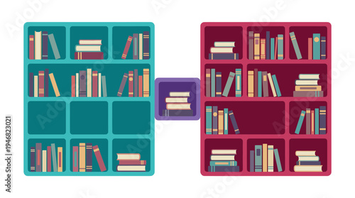 Vibrant vector illustration of two bookshelves filled with books and a smaller one. Ideal for education, reading, knowledge, or library concepts. Flat design style.