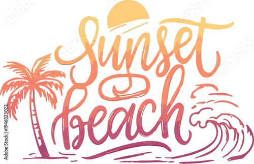 Summer beach tropical palm tree typography design with retro hand drawn lettering, sun, ocean waves, palm trees, seashells and tropical elements, bright summer colors, vintage style, vector ill