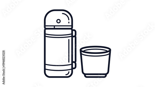 Simple vector outline icon of a thermos flask and a cup. Perfect for websites, apps, camping, travel, and outdoor lifestyle designs. Clean, minimalist design.