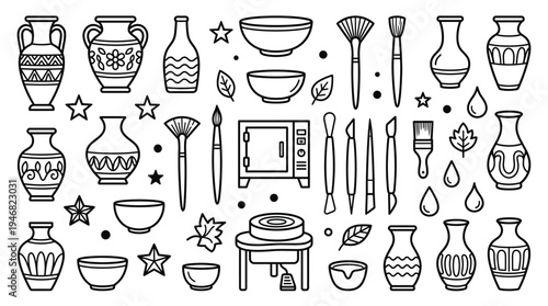 Outline vector icons for pottery and ceramic art, showcasing vases, bowls, sculpting tools, kiln, and potter's wheel. Ideal for craft projects, art education, and workshop designs.