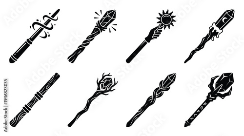Collection of black vector fantasy magic staffs and wands, featuring mystical crystals, roots, and symbols. Perfect for gaming, apps, branding, and spiritual designs.
