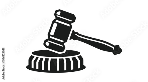 A minimalist black vector illustration of a gavel hitting a sound block. Perfect for legal, justice, judgment, or auction concepts. Clean, professional graphic design element.