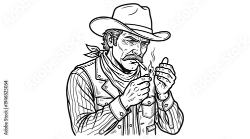 Tough vintage-style cowboy with a hat and mustache lighting a cigarette. Powerful black and white line art vector, perfect for retro branding, apparel, or themed designs.
