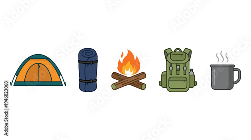 Vector set of essential camping equipment icons including tent, sleeping mat, campfire, backpack, and mug. Ideal for web, apps, or print designs related to outdoor adventures and travel.