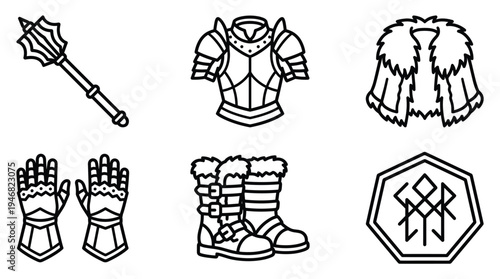 Illustrative line art icons of fantasy warrior gear including mace, armor, cloak, gauntlets, boots, and a crest. Perfect for game design, web, or print media projects.