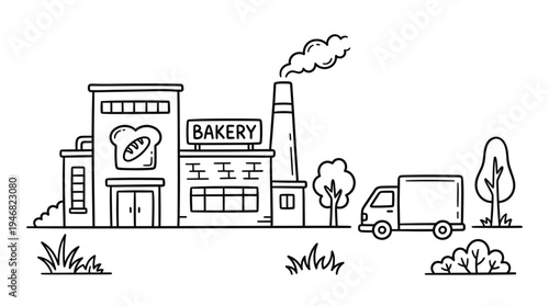 Charming bakery illustration featuring a delivery truck, ready for your food business concepts. Perfect for web, app, or local shop branding. Clean doodle style.