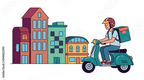 Smiling delivery person on a scooter in a vibrant city scene, offering convenient food or package service. Ideal for online ordering, logistics, and urban lifestyle themes.