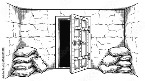 Hand-drawn vector illustration of an open dungeon door in a cracked stone room with piles of sacks. Evokes mystery, storage, or adventure. Perfect for fantasy or history themes.