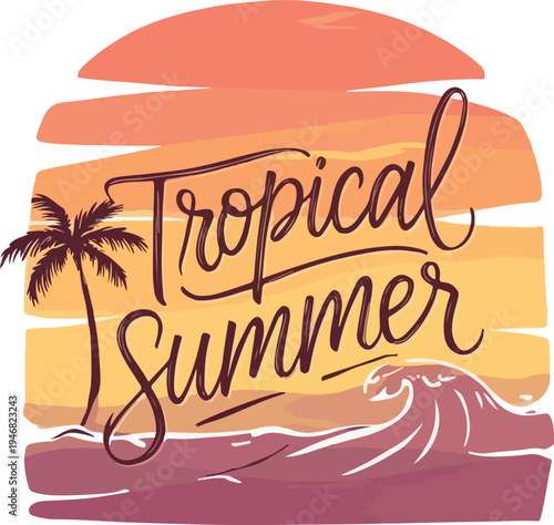  Summer beach tropical palm tree typography design with retro hand drawn lettering, sun, ocean waves, palm trees, seashells and tropical elements, bright summer colors, vintage style, vector ill