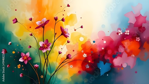 Colorful abstract floral artwork with delicate blossoms and soft gradients. Modern botanical composition with vibrant shapes and dreamy artistic atmosphere.