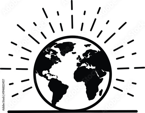 A black and white illustration of the earth with sun rays