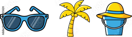 A cartoon illustration of summer vacation accessories and a palm tree