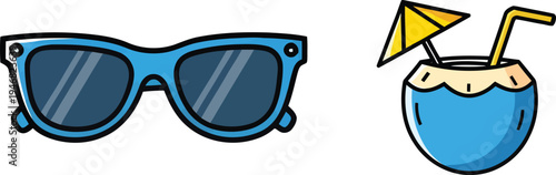 Cartoon illustration of sunglasses and a cocktail drink