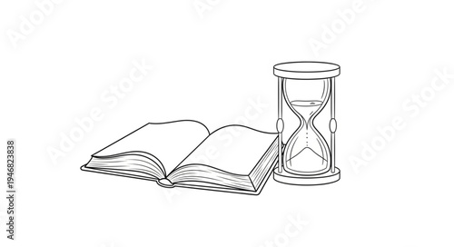 Open book and hourglass sketch representing time and knowledge.