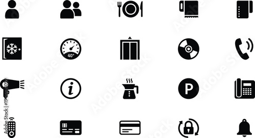 WebCollection of twenty black vector icons for user interface, signage, and applications including communication, security, hospitality, technology, and everyday objects on white background