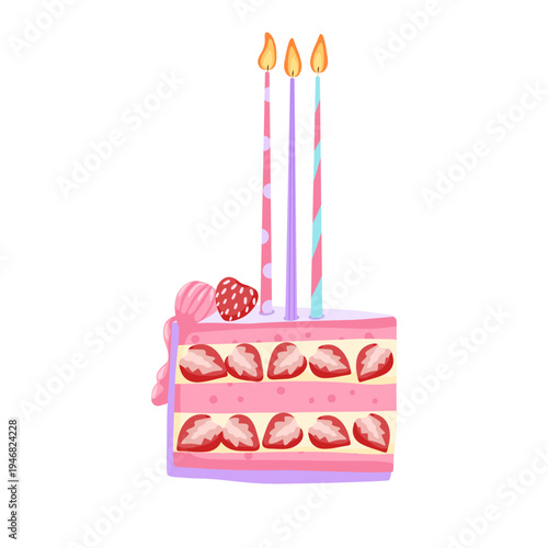 A slice of Birthday strawberry cake with burning candles. Sweet bakery dessert. A piece of cake with pink cream for celebration design. Vector illustration isolated on white for postcard, sticker