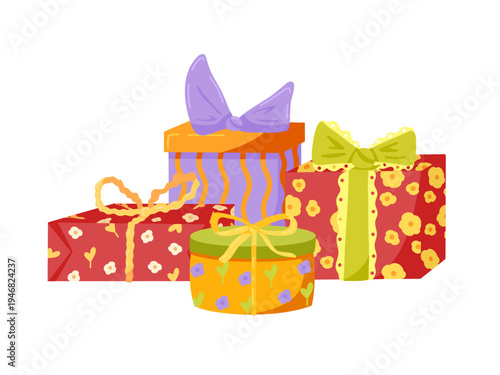 Gift boxes composition. Festive holiday surprise packages in flower paper wrapping, retro striped decoration, tied bow. Wrapped presents pile for party. Flat vector illustration isolated on white