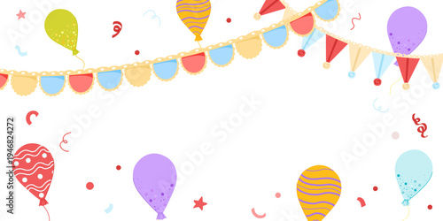 Celebration party horizontal banner with bunting, balloons, confetti. Festive vintage greeting design with blank copy space. Vector hand drawn illustration for print, web, sale, shop opening