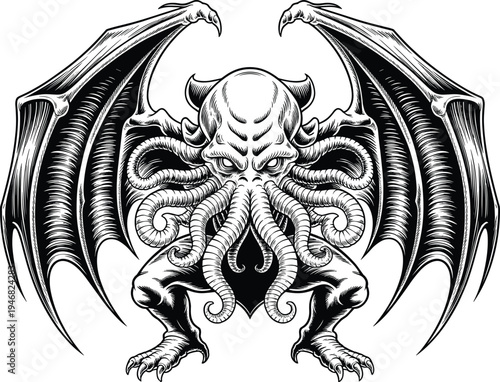 Dark Lovecraftian mythical creature illustration featuring Cthulhu-inspired tentacled face, bat-like wings, monstrous claws, cosmic horror design, black and white fantasy art for gothic storytelling