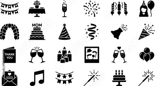 Collection of black and white celebration and party icons.