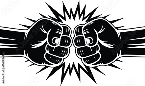 Dynamic black and white illustration of two fists bumping together with bold lines, symbolizing unity, friendship, teamwork, celebration, camaraderie, and positive energy gesture