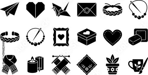 Handmade crafts and DIY hobby items glyph icons set.