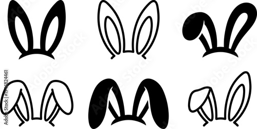 Collection of six distinct black and white bunny ear outlines for Easter and animal themes.