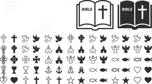 Collection of Christian religious symbols and icons, including crosses, doves, churches, angels, fish, and open Bibles.