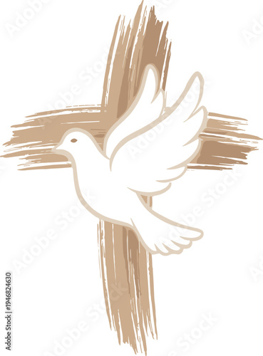 White dove flying in front of a brown brushstroke cross.
