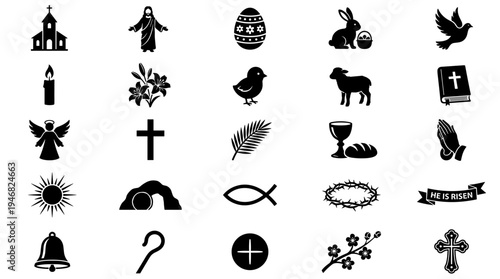 Easter and Christian Religious Symbols Icon Set.