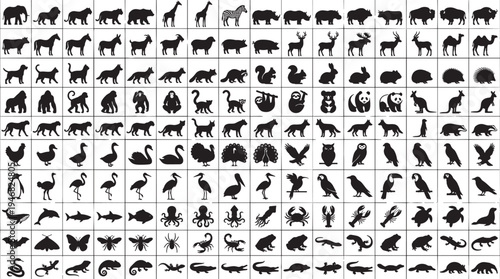 Animal silhouette mega set, wildlife mammals birds fish insects reptiles nature icon collection vector