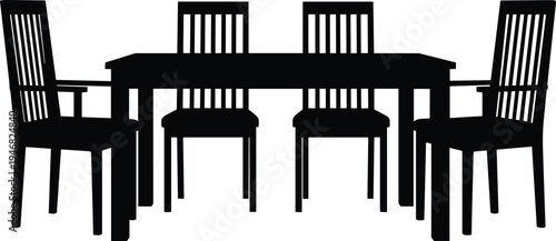 Elegant silhouette of dining table with five chairs featuring armrests and vertical slat backrests, modern furniture design for interior decor, home dining room illustration