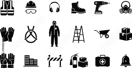 Essential construction and workplace safety equipment icons set including protective gear, tools, emergency response items, and industrial symbols for occupational health and hazard prevention