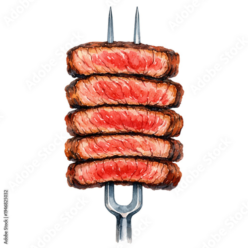 A watercolor illustration of sliced beef steak on a meat fork for steakhouse menus, barbecue food designs, restaurant branding, and culinary illustrations.