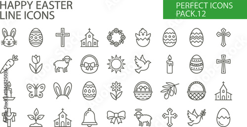 Happy Easter line icons pack 12 featuring various religious and seasonal symbols.