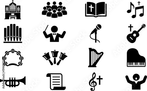 Church music and worship icons set, including instruments, choir, and religious symbols.