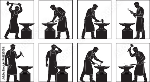 Blacksmith forging metal silhouette collection, traditional ironworker shaping horseshoe on anvil with hammer vintage workshop vector