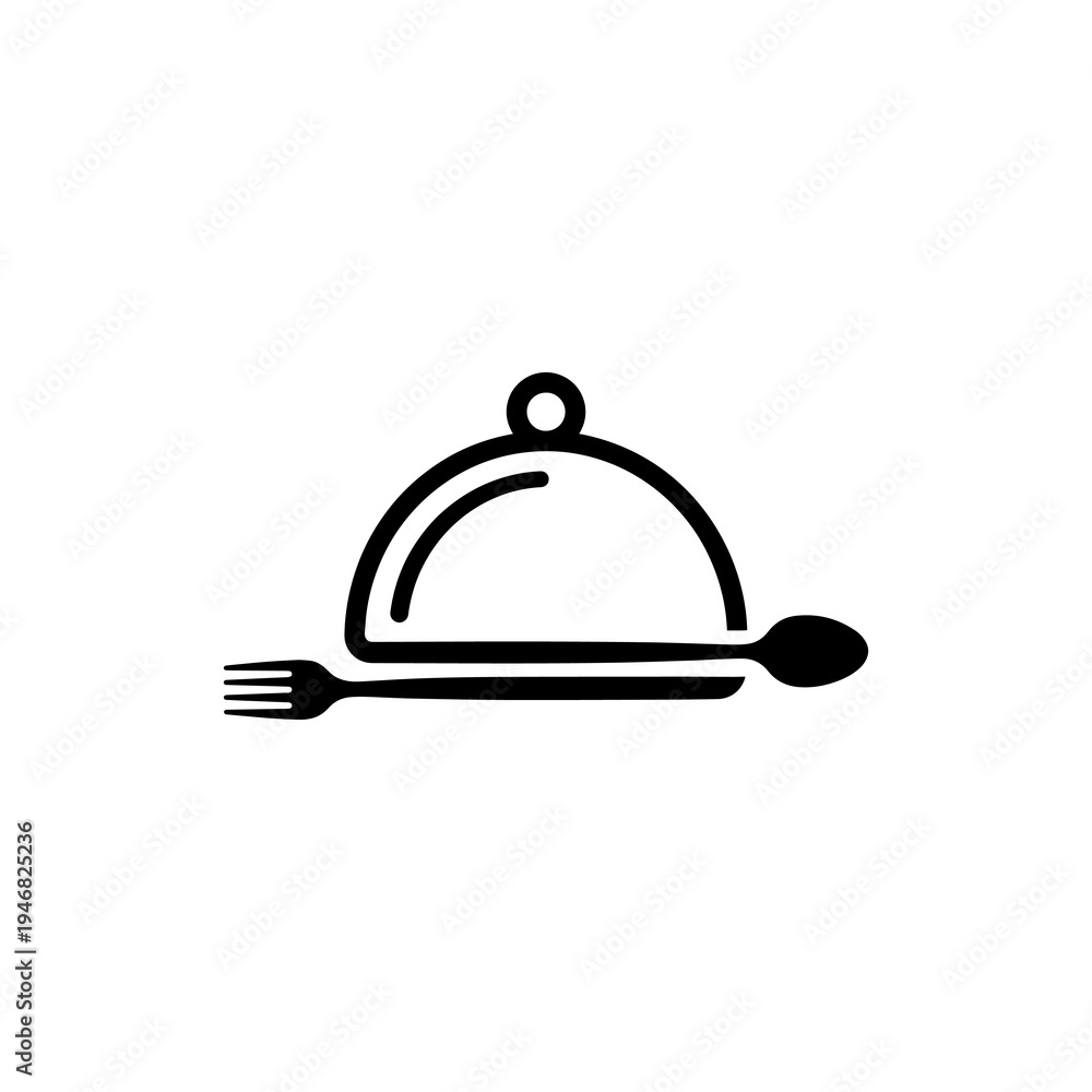 Obraz premium Black and white minimalist vector illustration of a restaurant cloche or food serving dome with a fork and spoon. Perfect symbol for catering services, restaurant menus, food delivery apps, and dining