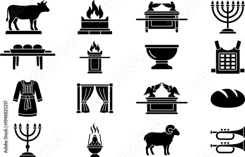 Ancient Israelite Tabernacle and Temple Worship Elements Icons Set.