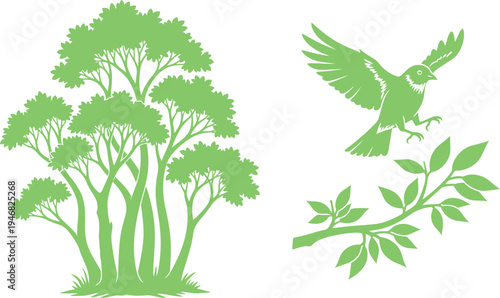 Green tree and bird silhouette with leaves