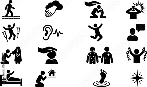 Collection of black and white icons depicting various human conditions and actions.