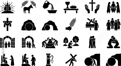 Easter and Holy Week Christian religious icons set depicting various biblical events and symbols.