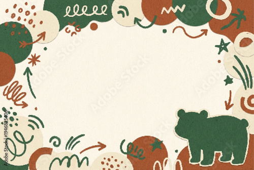 Abstract organic doodle border frame with green bear, arrows, and shapes on a light beige background, ideal for playful nature-themed designs and children's content