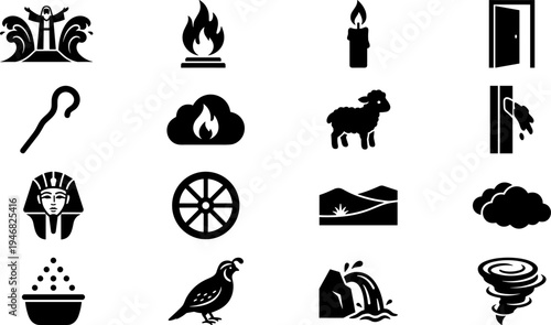 Collection of religious and symbolic icons representing various spiritual concepts and historical events.