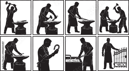 Blacksmith forging metal silhouette set, traditional ironworker crafting horseshoe and gate, anvil hammering vintage workshop vector